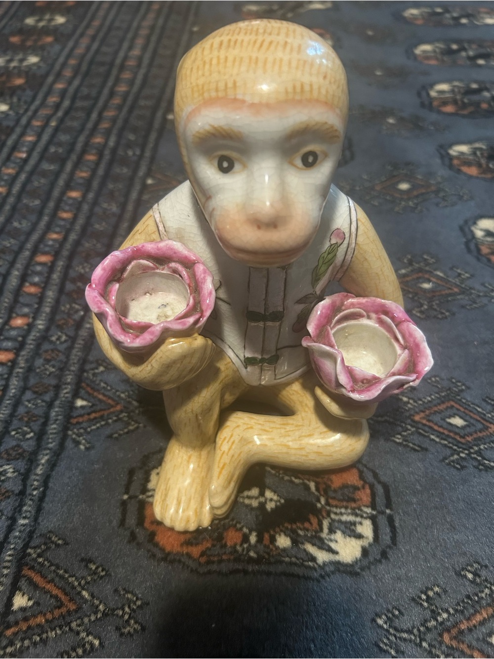 Vintage Seated Chinoiserie Monkey Holding Lotus Candleholder